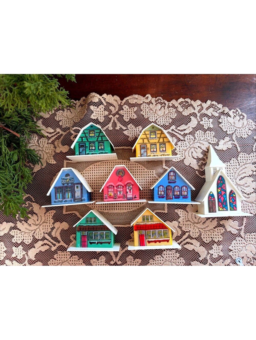 Set of 9 Vintage Christmas Tree Light Covers Alpine Village Cottages Church 2.5"